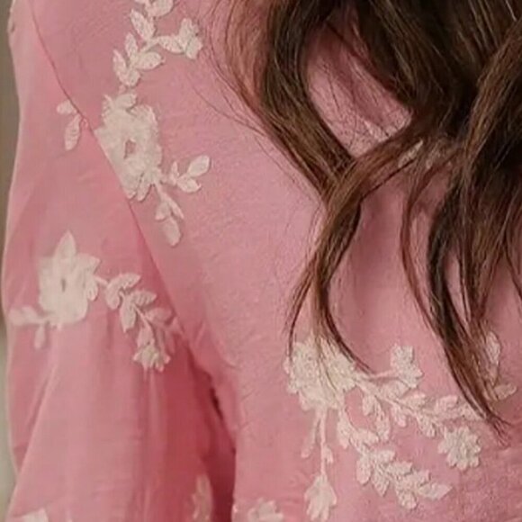 Bestselling Pink Casual Women's Embroidered Ruffle Hem Blouse top - Picture 6 of 6